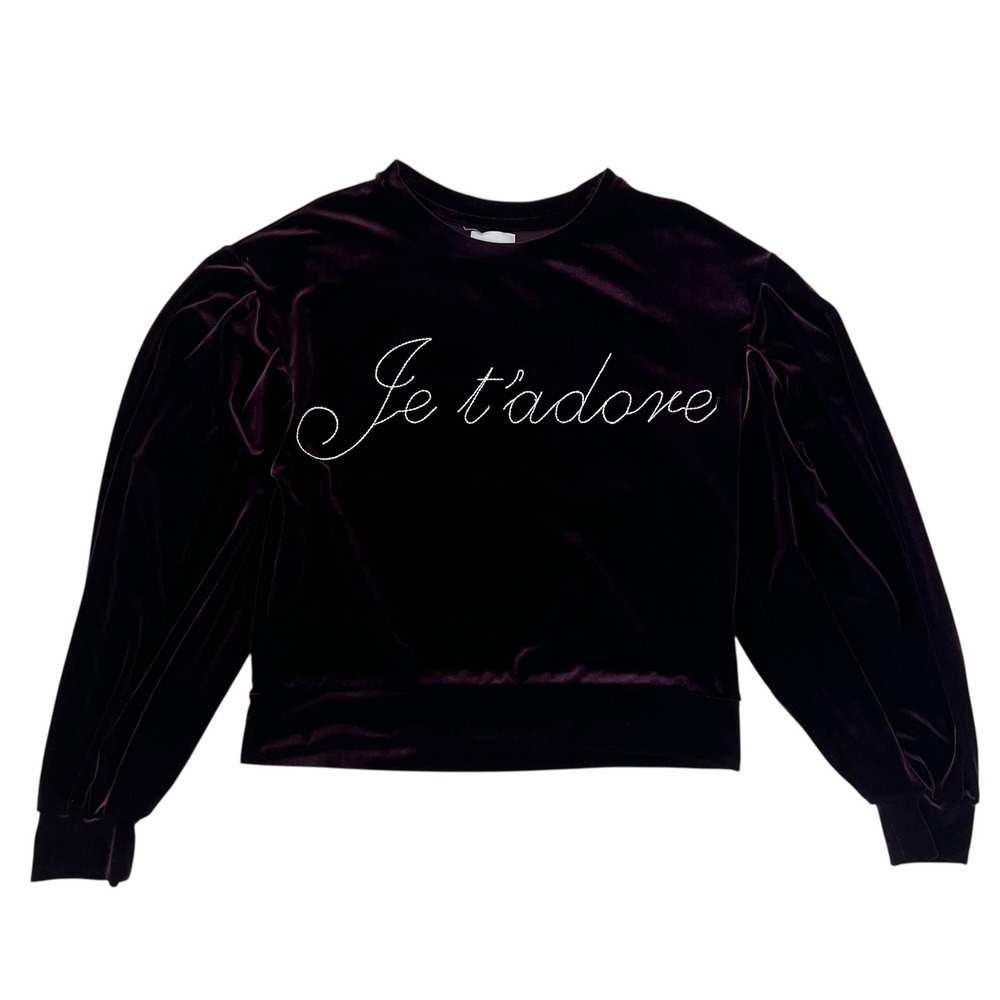 MISA Los Angeles Je T'adore Burgundy Velvet Puff Sleeve Sweatshirt Sweater SZ XS - Picture 2 of 12